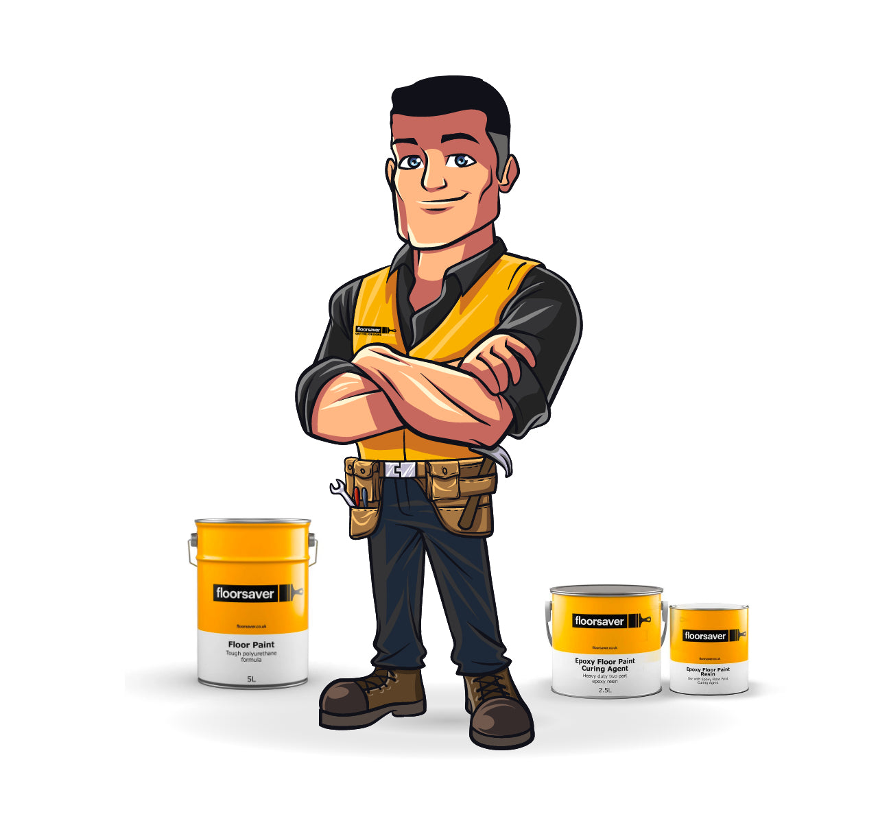 A builder with his arms folded stood in front of cans of floor paint